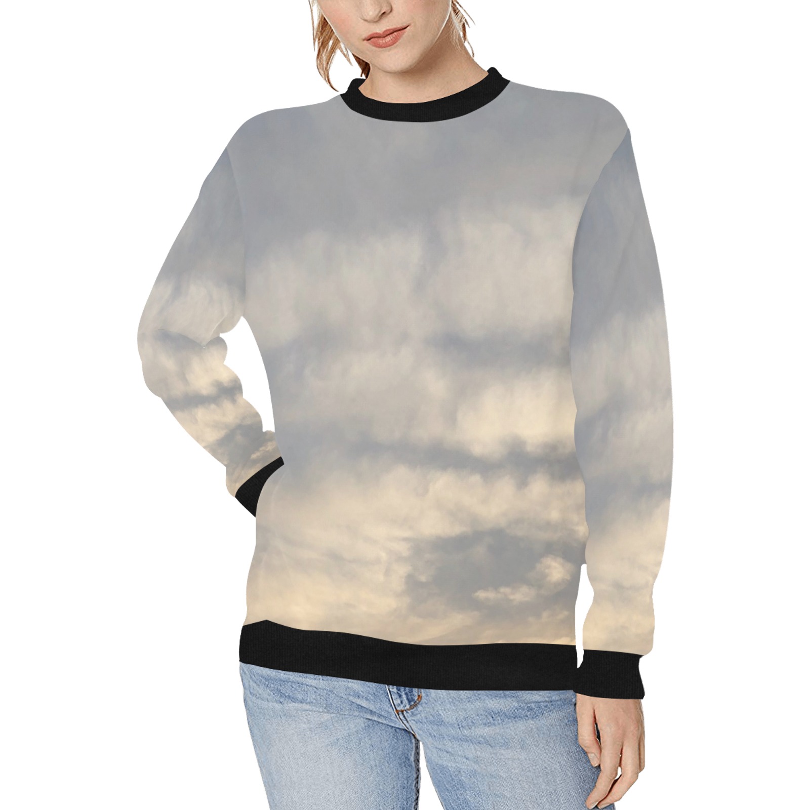 Rippled Cloud Collection Women's Rib Cuff Crew Neck Sweatshirt (Model H34)