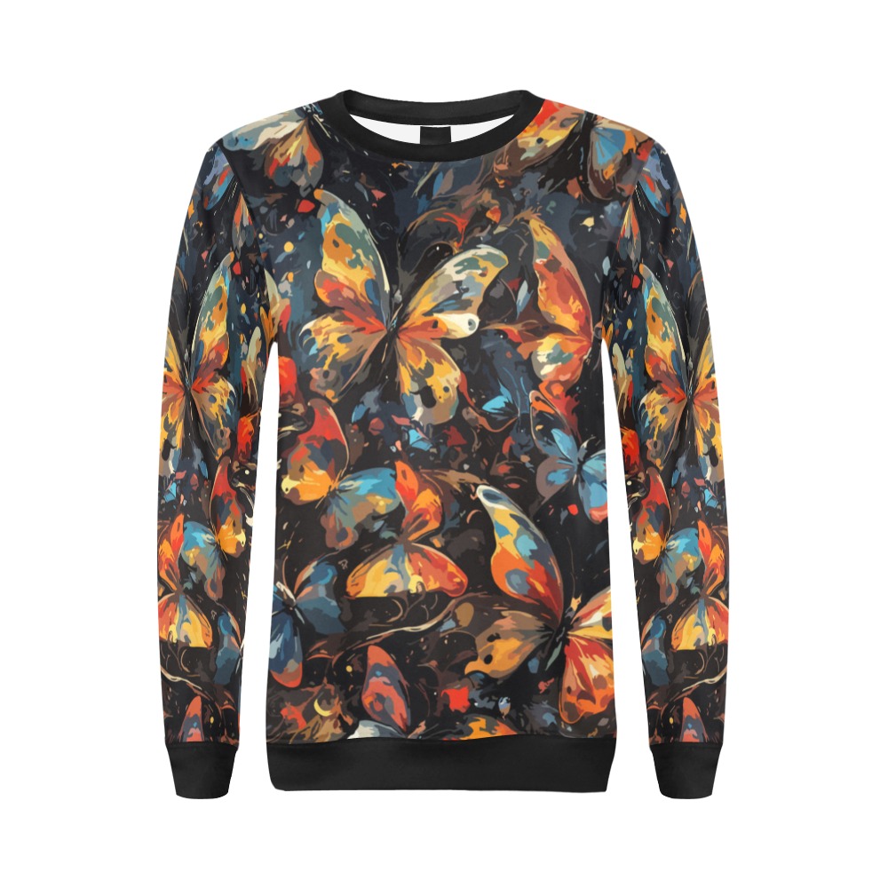 Butterflies in flight abstract art on dark. All Over Print Crewneck Sweatshirt for Women (Model H18)