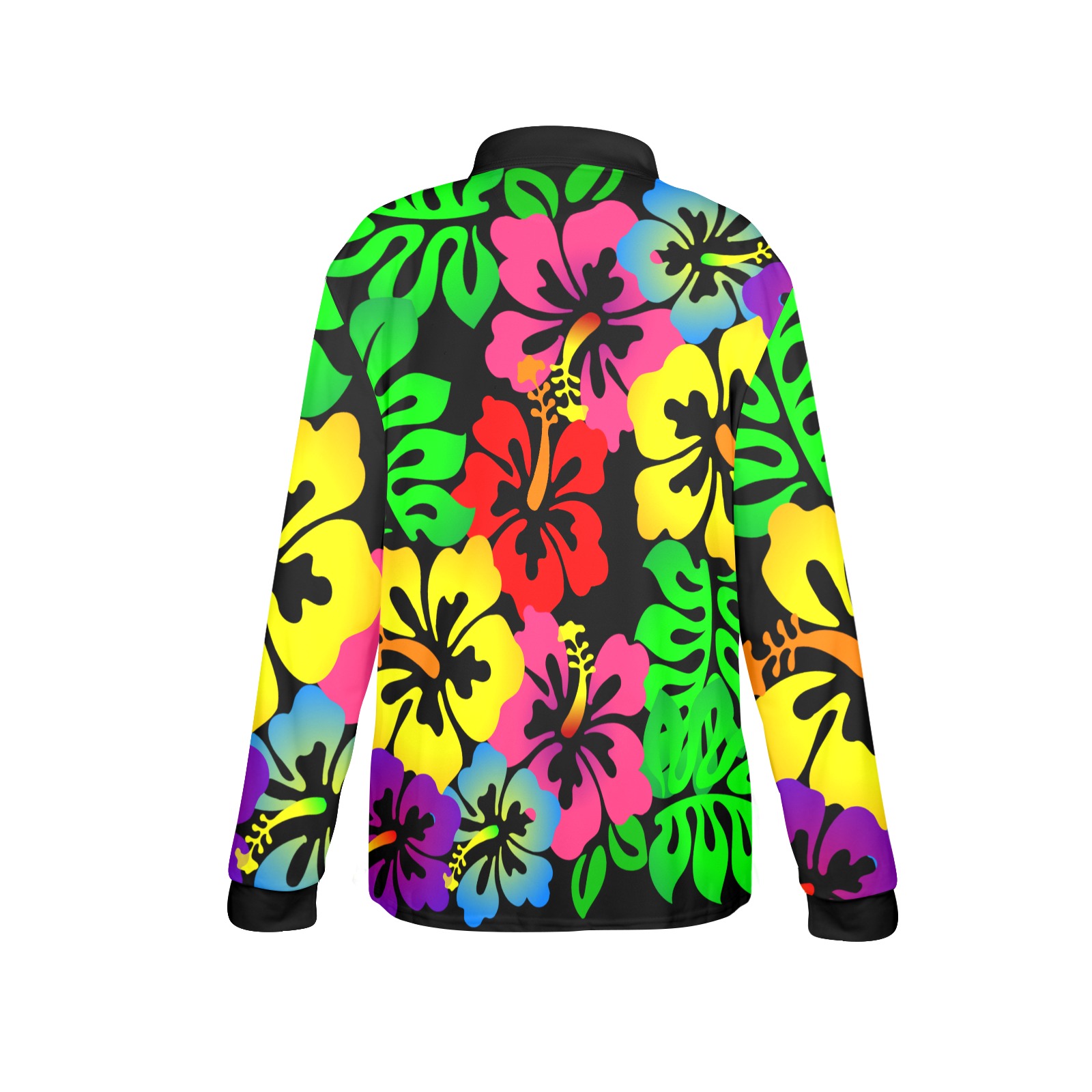 Hibiscus Hawaiian Flowers / Black Women's Long Sleeve Polo Shirt (Model T73)