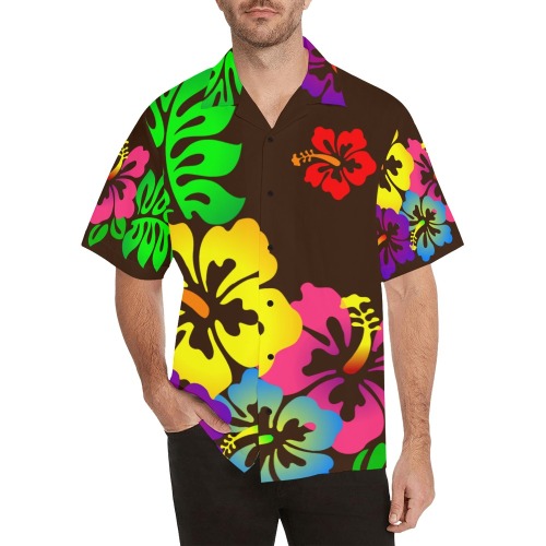 Hibiscus Hawaiian Flowers on Brown Hawaiian Shirt (Model T58)