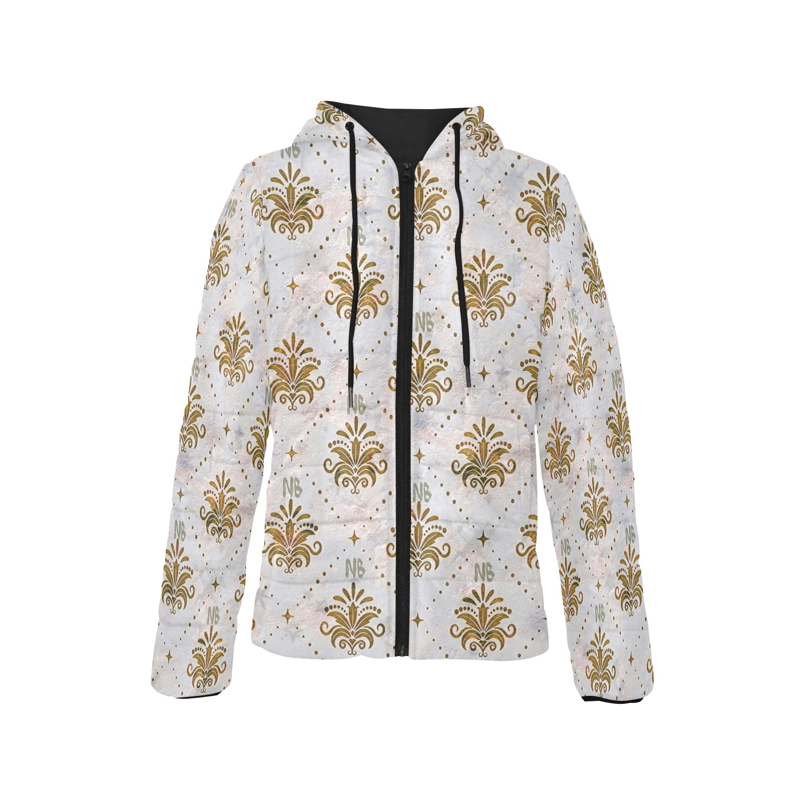 Gold Royal Pattern by Nico Bielow Women's Padded Hooded Jacket (Model H46)
