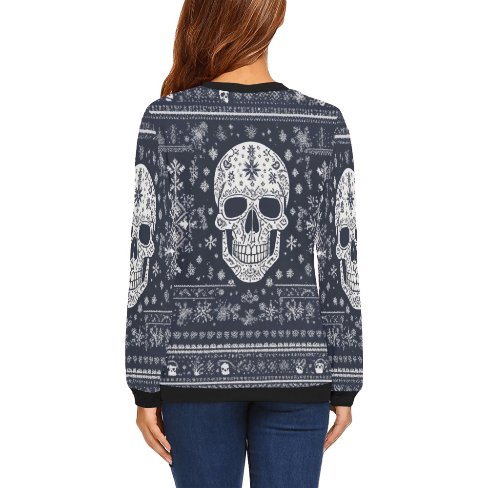 Stylish winter pattern with a cool decorated skull All Over Print Crewneck Sweatshirt for Women (Model H18)
