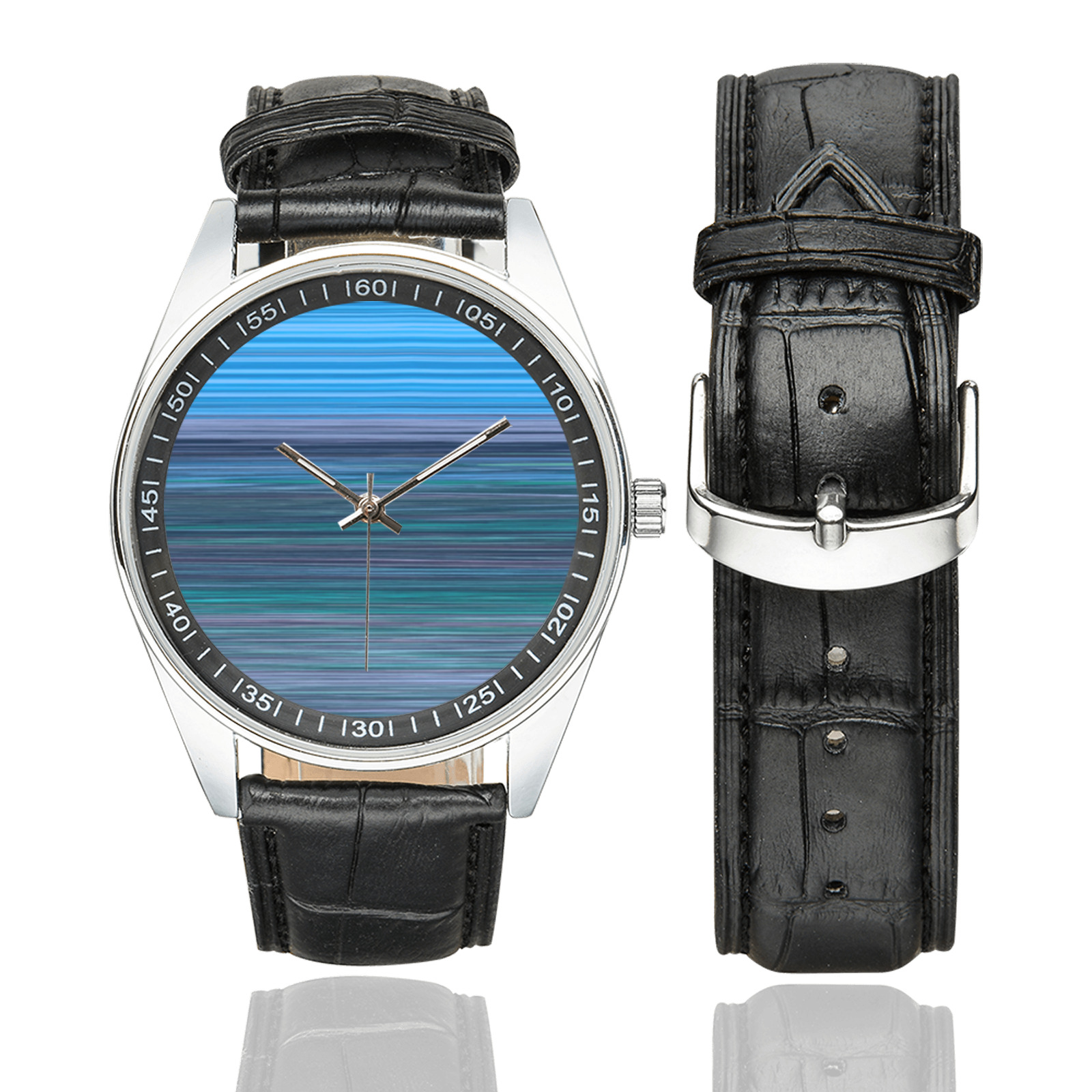 Abstract Blue Horizontal Stripes Men's Casual Leather Strap Watch(Model 211)