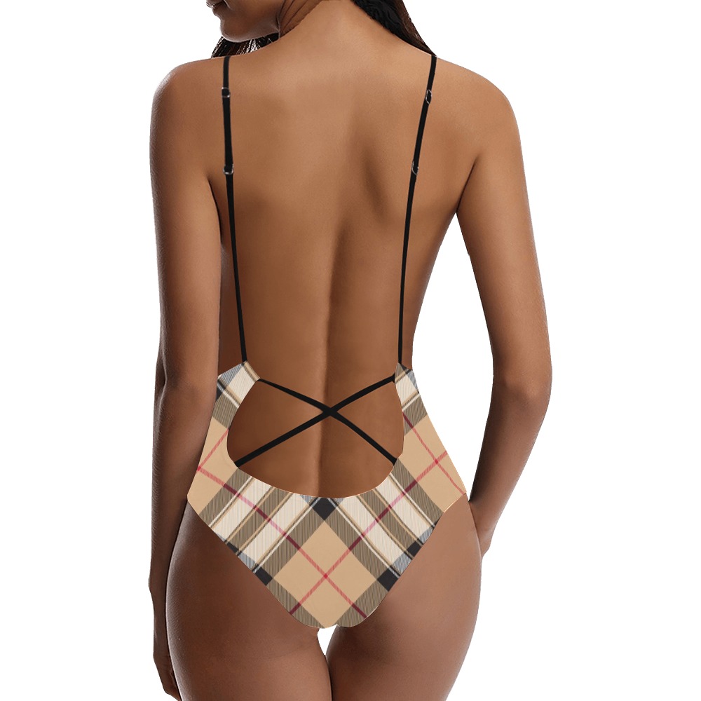 Plaid Sling Back Swimsuit Sexy Lacing Backless One-Piece Swimsuit (Model S10)