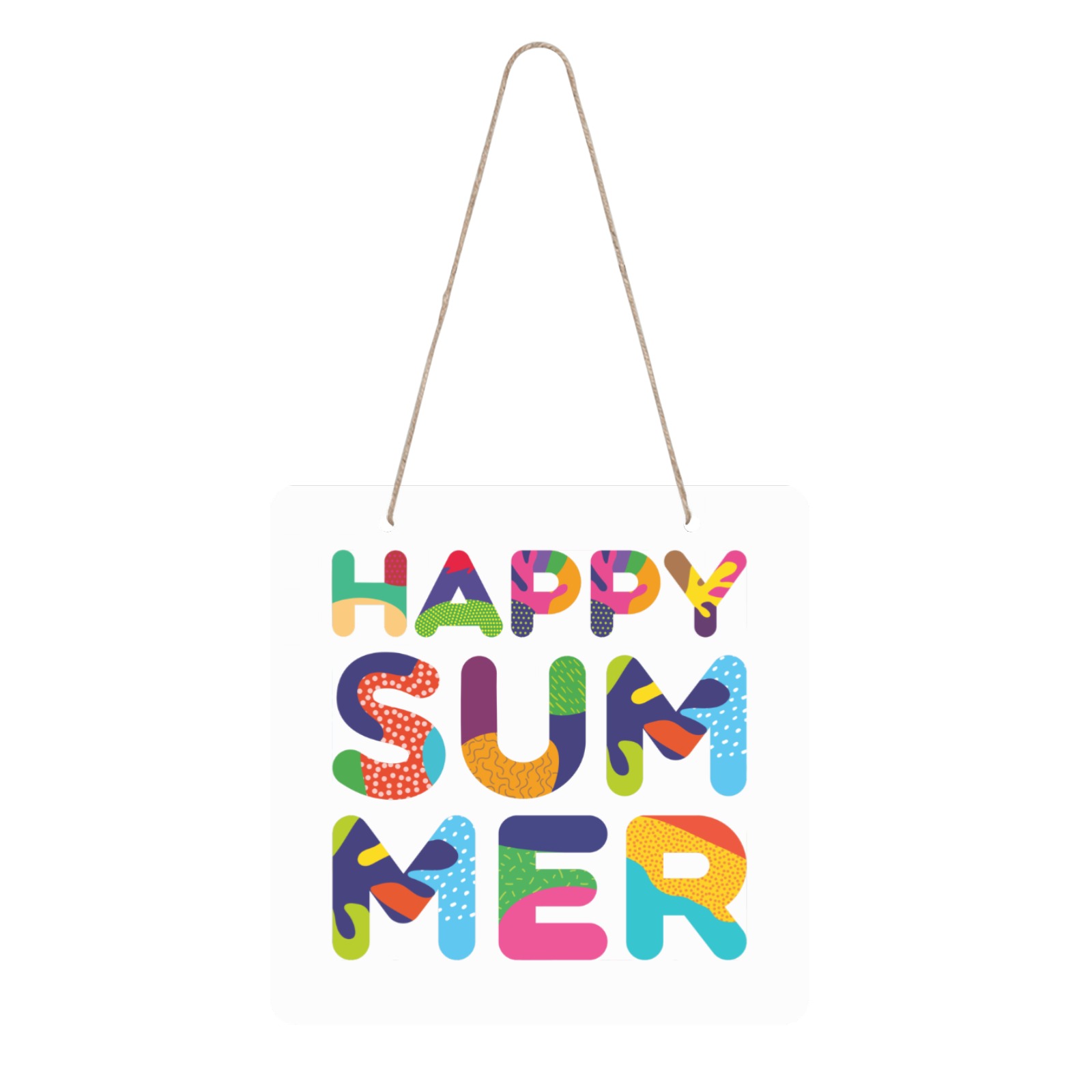Happy summer colorful positive typography art. Square Wood Door Hanging Sign