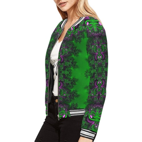 Early Summer Green Frost Fractal All Over Print Bomber Jacket for Women (Model H21)
