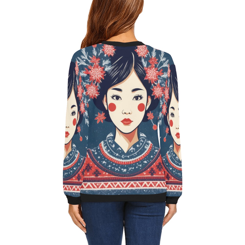 Pretty Japanese lady in swetere, winter snowflakes All Over Print Crewneck Sweatshirt for Women (Model H18)