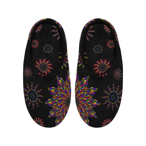 Ô Rainbow Feather Flower Mandala Women's Non-Slip Cotton Slippers (Model 0602)