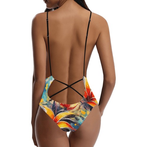 Fantastic orange and yellow flowers abstract art. Sexy Lacing Backless One-Piece Swimsuit (Model S10)