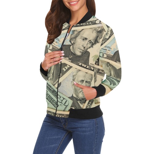 US PAPER CURRENCY All Over Print Bomber Jacket for Women (Model H19)