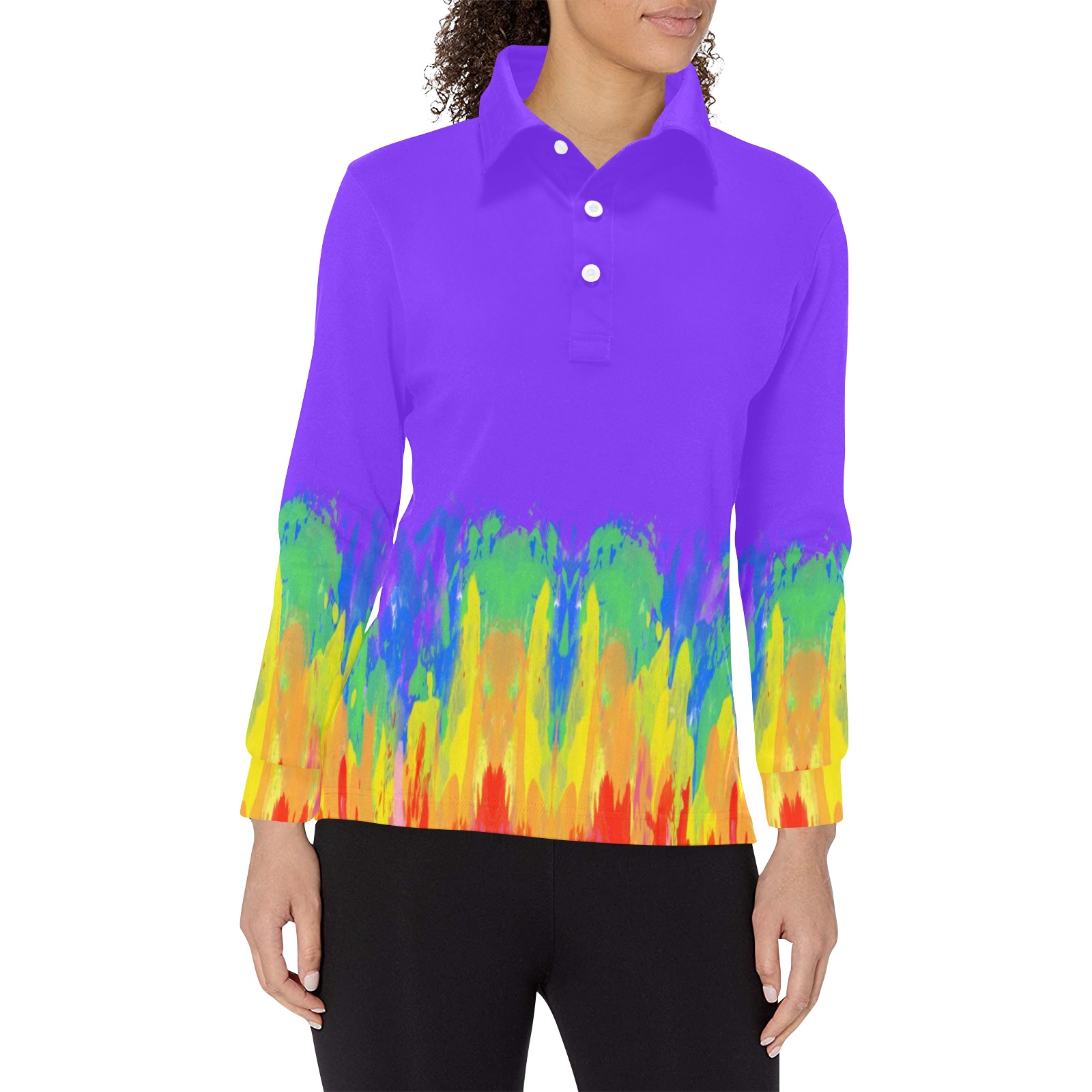 Abstract Paint Flames Purple Women's Long Sleeve Polo Shirt (Model T73)