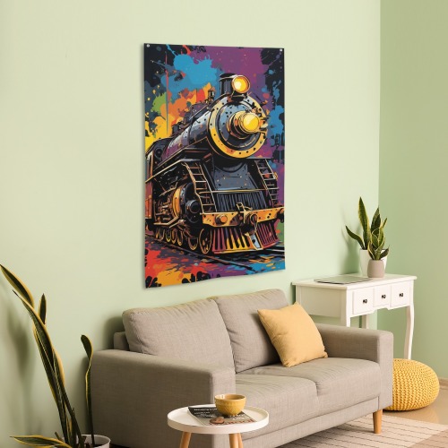 Fantasy steam engine. Trendy colorful railroad art House Flag 34.5"x56"
