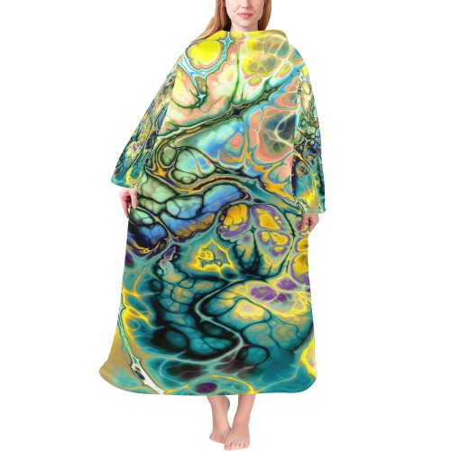 Flower Power Fractal Batik Teal Yellow Blue Salmon Blanket Robe with Sleeves for Adults