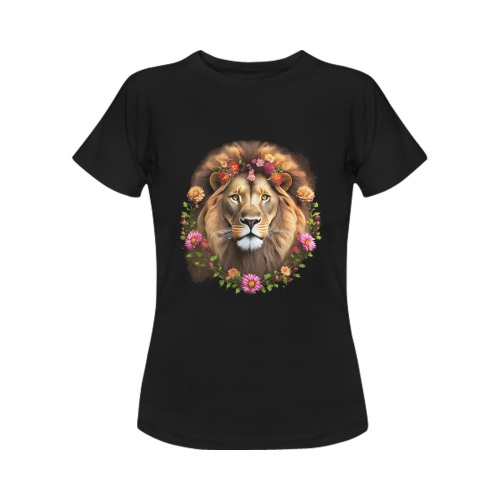 Lion on a black background with a flower wreath Women's T-Shirt in USA Size (Front Printing Only)