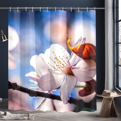 Sunlit sakura cherry flower in the tree shadow. Shower Curtain 72"x84"