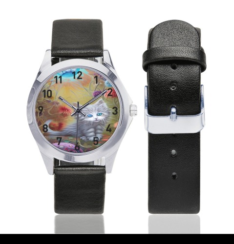 Cute Kittens 2 Unisex Silver-Tone Round Leather Watch (Model 216)