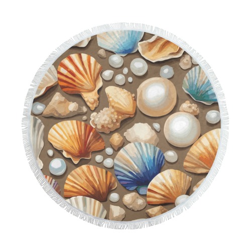A mix of pearls, shells on the sand colorful art. Circular Beach Shawl Towel 59"x 59"