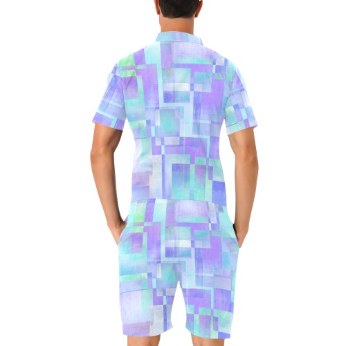 cubes clear purple Men's Short Sleeve Jumpsuit