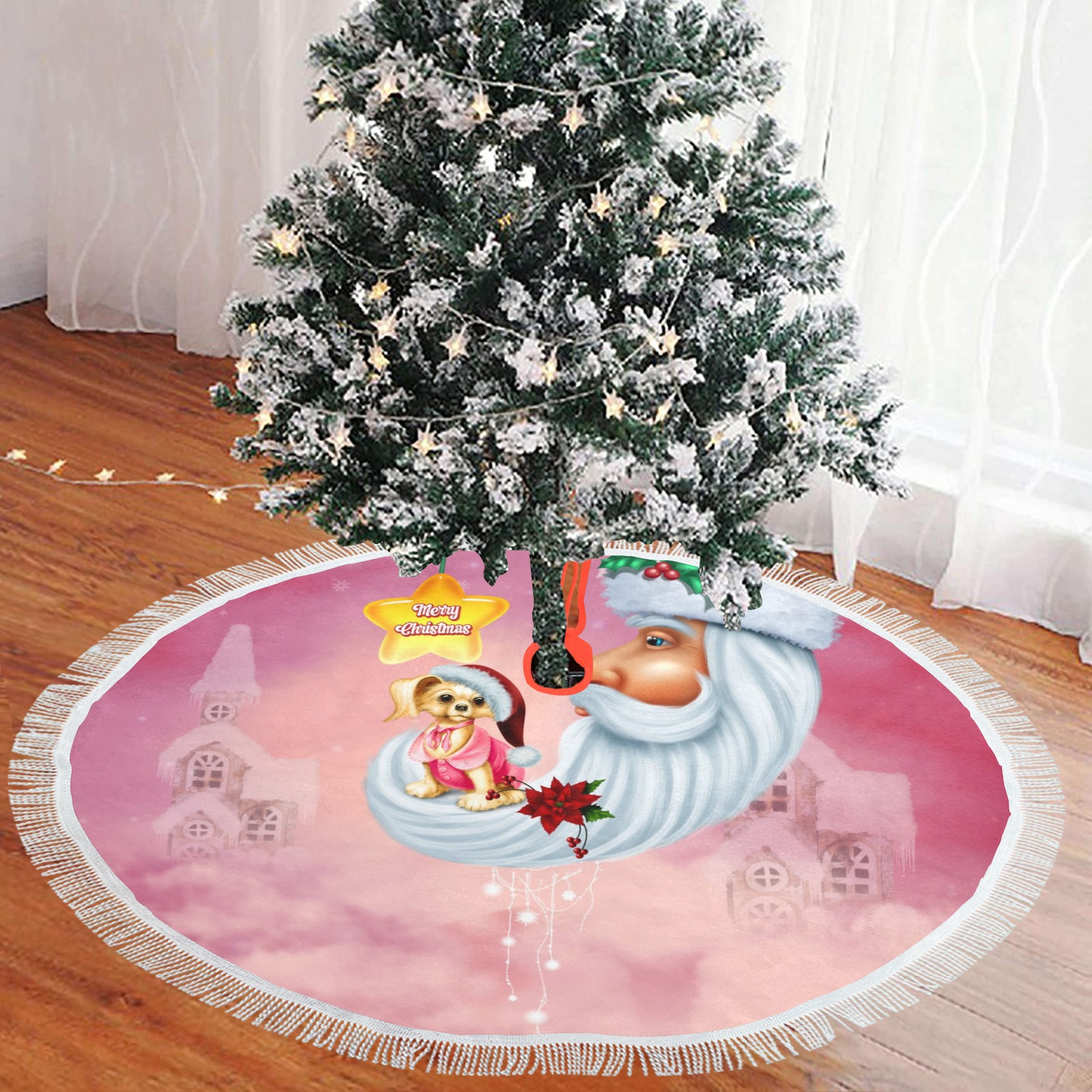Little christmas dog on the moon Thick Fringe Christmas Tree Skirt 48"x48"