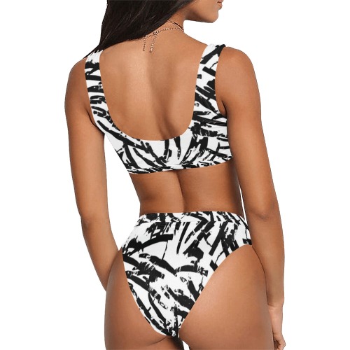 Brush Stroke Black and White Sport Top & High-Waisted Bikini Swimsuit (Model S07)