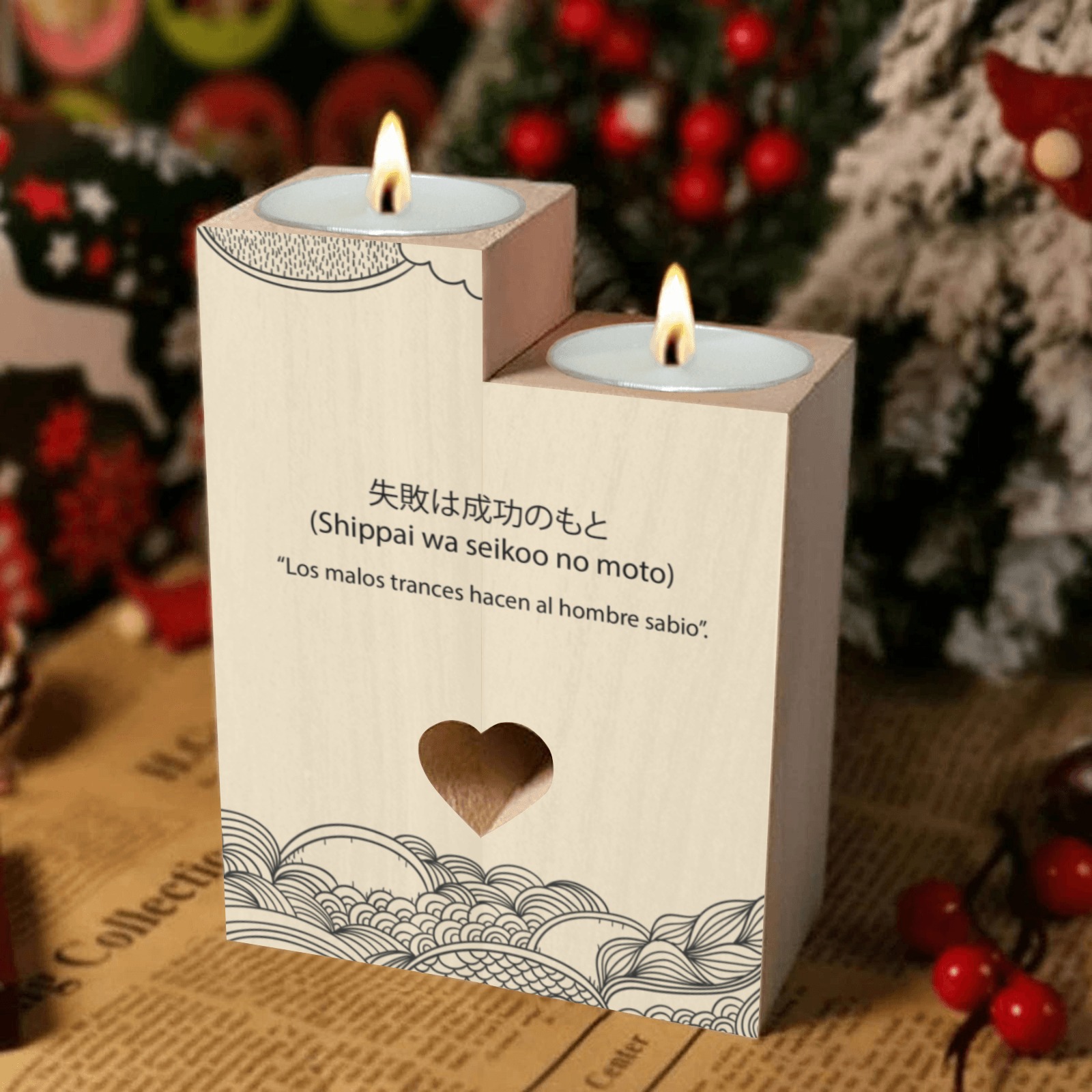 DOBLE VELA CORAZON FRASES PARA TI - M1 Wooden Candle Holder (Without Candle)