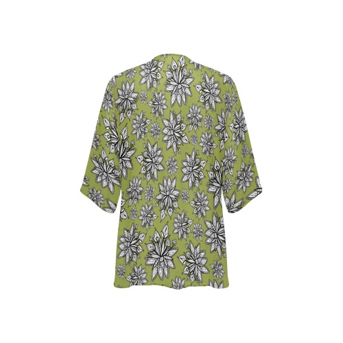 Creekside Floret pattern olive Women's Kimono Chiffon Cover Ups (Model H51)