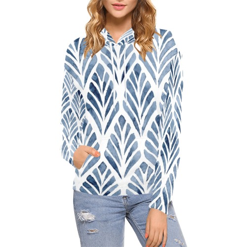 Indigo Blue Leaves All Over Print Hoodie for Women (USA Size) (Model H13)