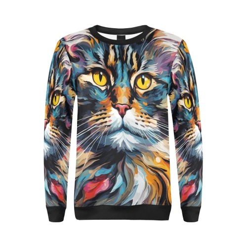 Cute Norwegian forest cat face on dark. All Over Print Crewneck Sweatshirt for Women (Model H18)