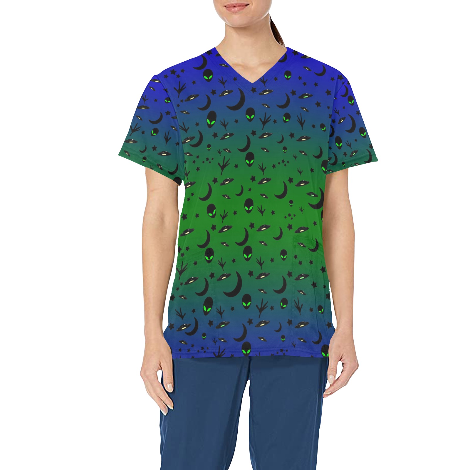 Aliens and Spaceships - Blue / Green All Over Print Scrub Top