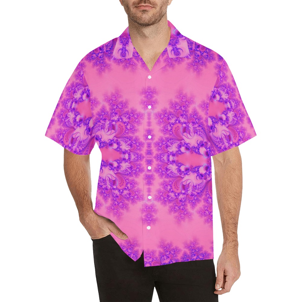 Purple and Pink Hydrangeas Frost Fractal Hawaiian Shirt with Merged Design (Model T58)