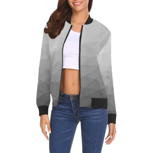 Grey Gradient Geometric Mesh Pattern All Over Print Bomber Jacket for Women (Model H19)