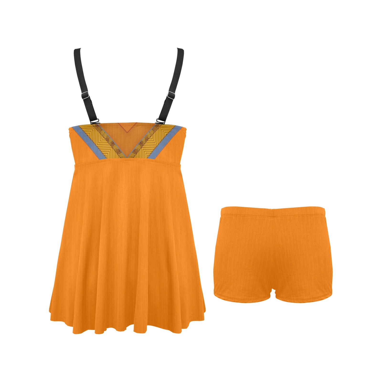 Ethnic Orange, Blue and Rust Chest Pleat Swim Dress (Model S31)