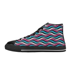 White Pink Aqua Black Wavy Lines Women's Classic High Top Canvas Shoes (Model 017)