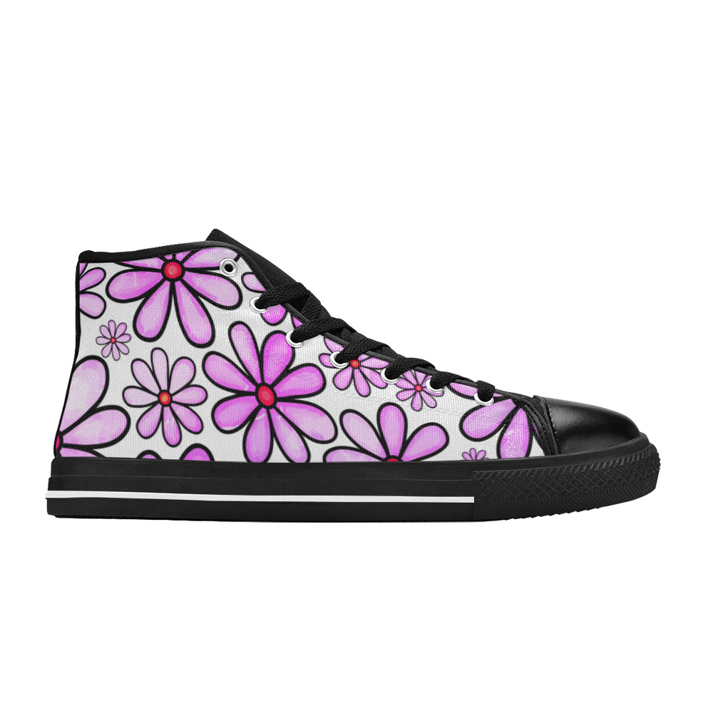 Pink Watercolor Doodle Daisy Flower Pattern Women's Classic High Top Canvas Shoes (Model 017)
