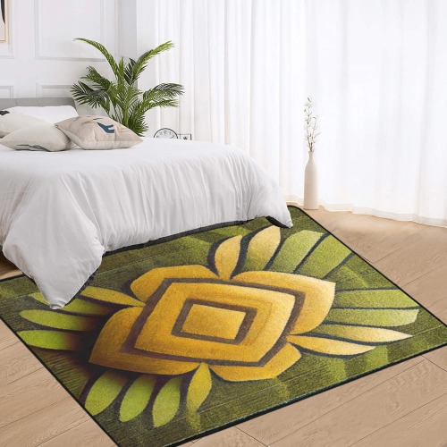 abstract pattern, gold and green Area Rug with Black Binding 7'x5'
