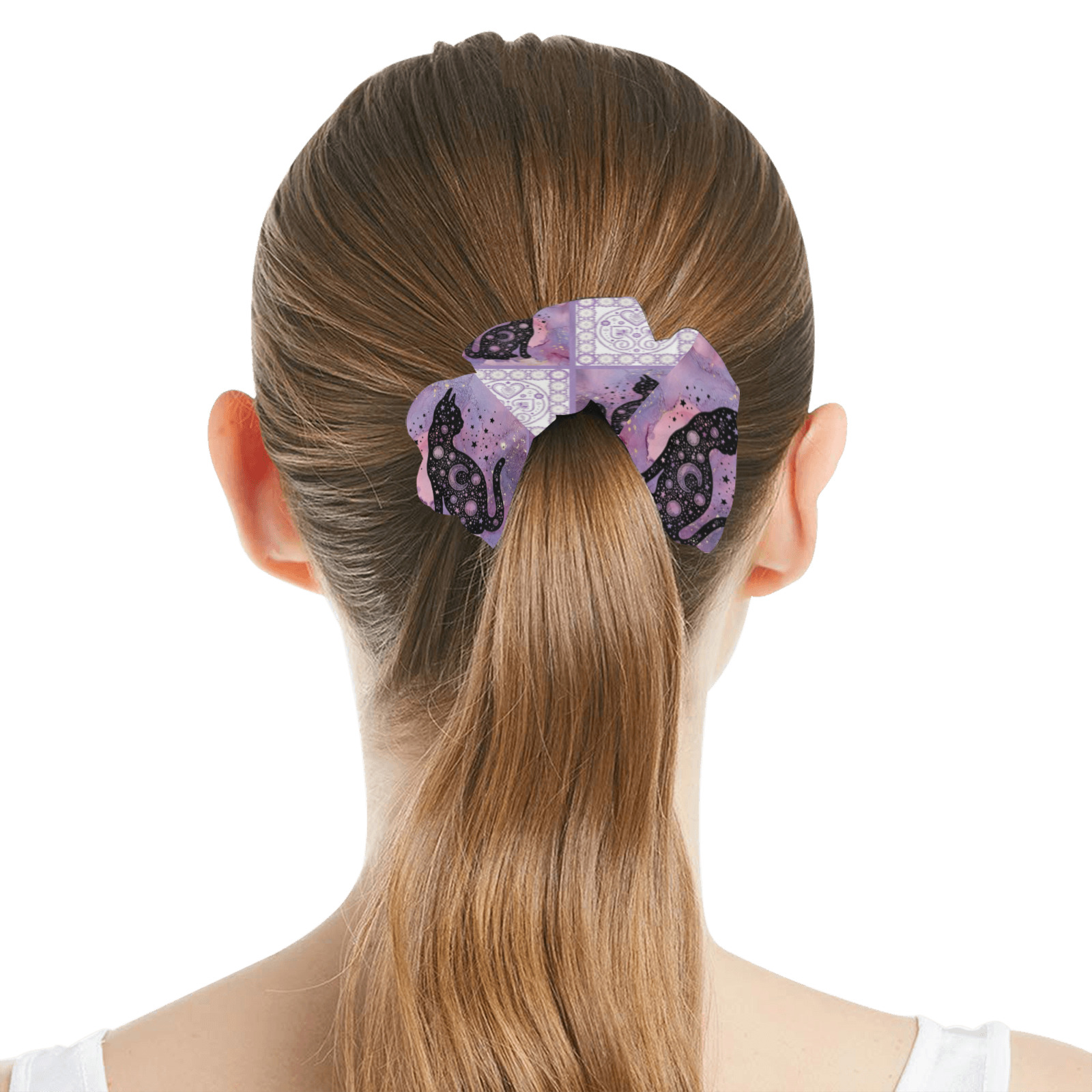 Purple Cosmic Cats Patchwork Pattern All Over Print Hair Scrunchie