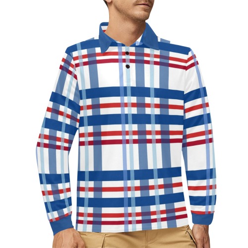 Red, White and Blue Plaid Men's Long Sleeve Polo Shirt (Model T73)