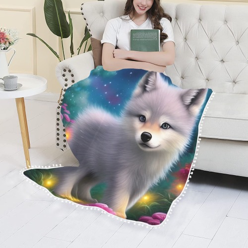 Baby Wolf Pom Pom Fringe Blanket 50"x60"