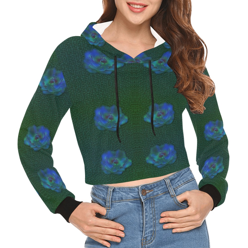blue roses on mosaic All Over Print Crop Hoodie for Women (Model H22)