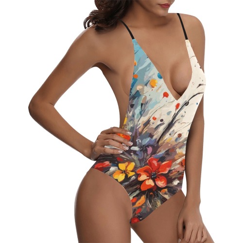 Elegant colorful abstract art of fantasy flowers. Sexy Lacing Backless One-Piece Swimsuit (Model S10)