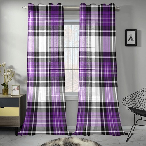 Purple Black Plaid Gauze Curtain 28"x95" (Two-Piece)