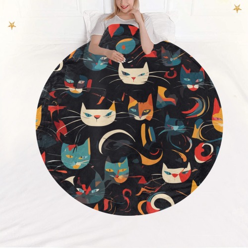 Beautiful abstract art of colorful cats. Circular Ultra-Soft Micro Fleece Blanket 60"
