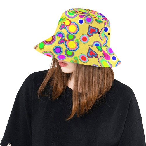 Groovy Hearts and Flowers Yellow All Over Print Bucket Hat
