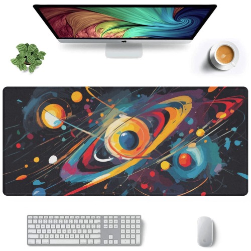 Galactical shapes, planets, stars in black space Gaming Mousepad (35"x16")