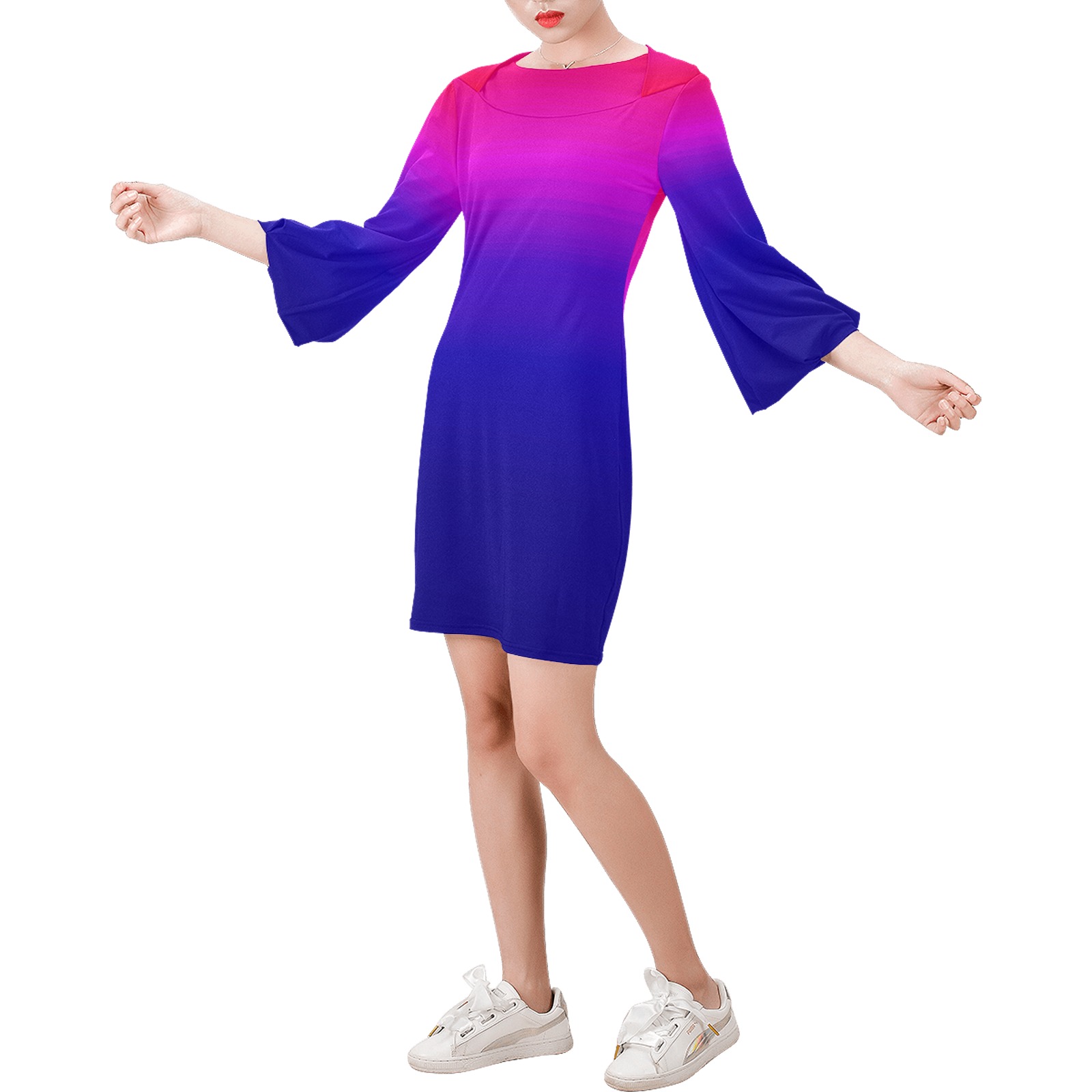 pink and blue Bell Sleeve Dress (Model D52)