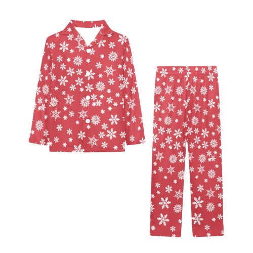 Christmas  White Snowflakes on Red Big Boys' V-Neck Long Pajama Set