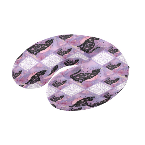 Purple Cosmic Cats Patchwork Pattern U-Shape Travel Pillow