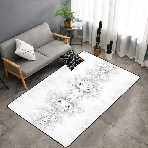 Snowy Winter White Frost Fractal Area Rug with Black Binding 7'x5'