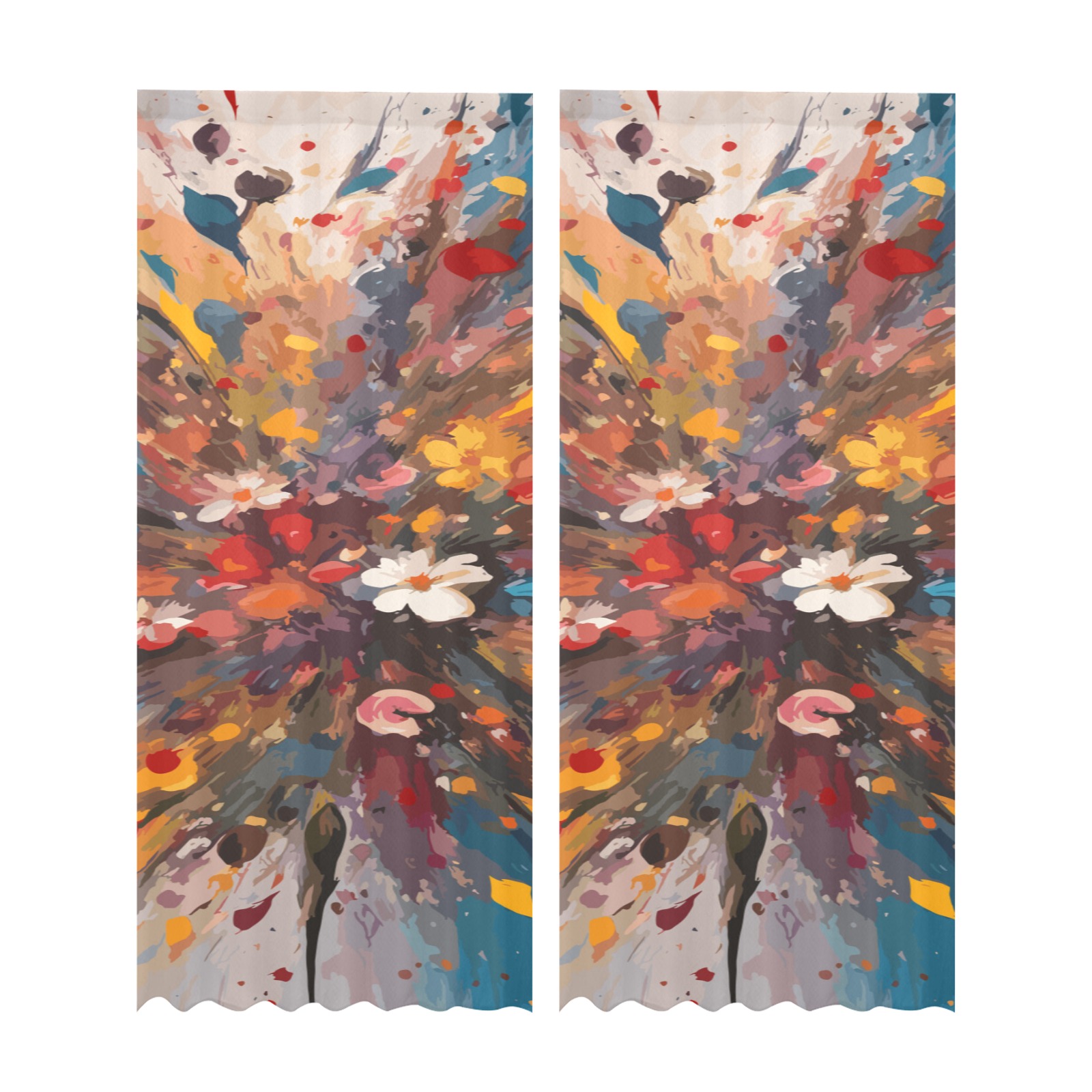 Chic colorful floral art. Flowers and oil paint Gauze Curtain 28"x95" (Two-Piece)