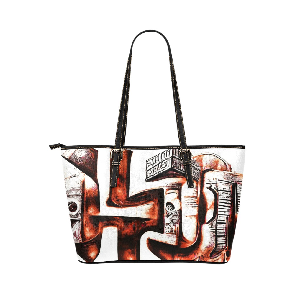 graffiti building's brown and white Leather Tote Bag/Large (Model 1651)